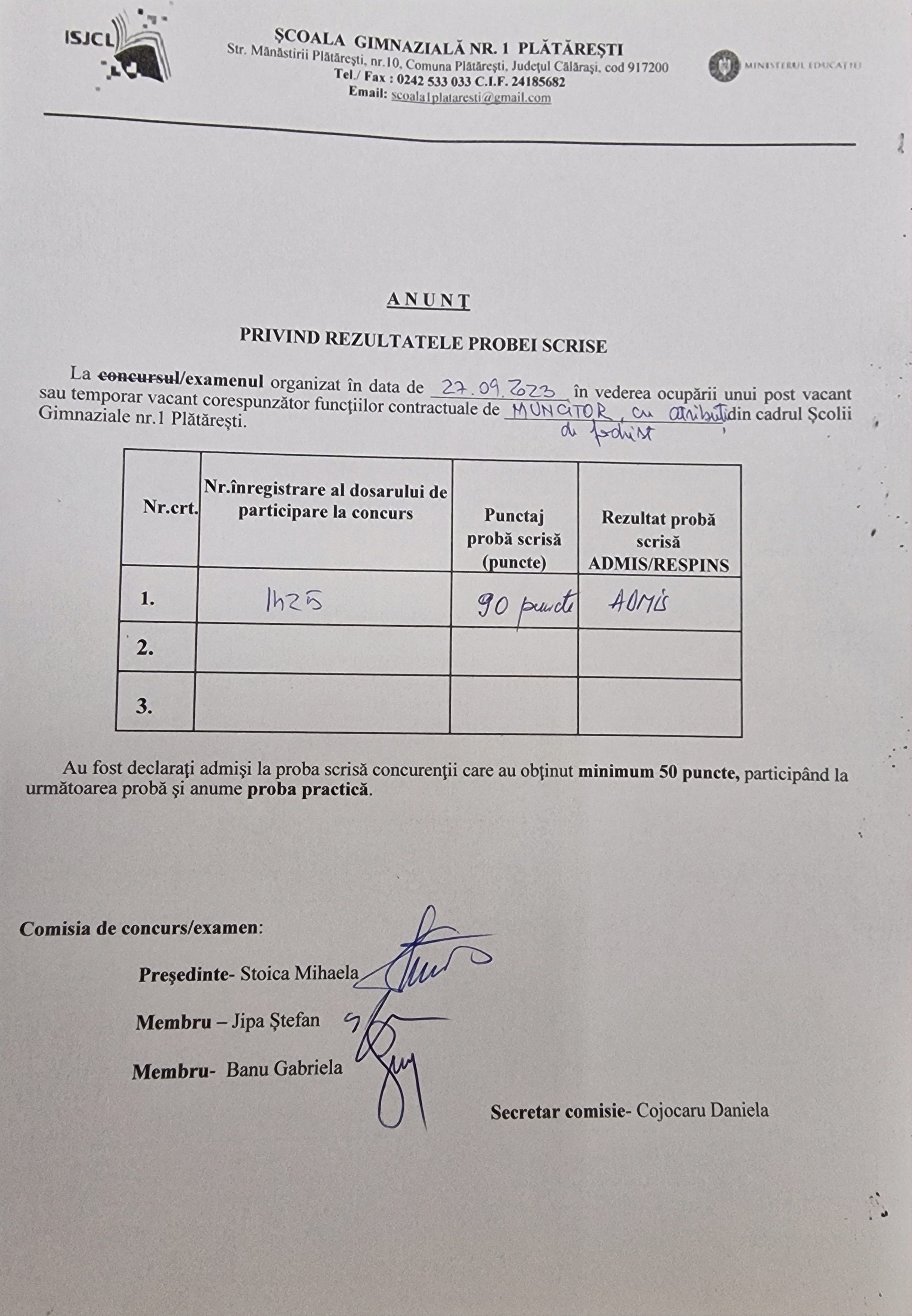 Anunt privind rezultatele probei scrise la concursul de muncitor cu atributii de fochist